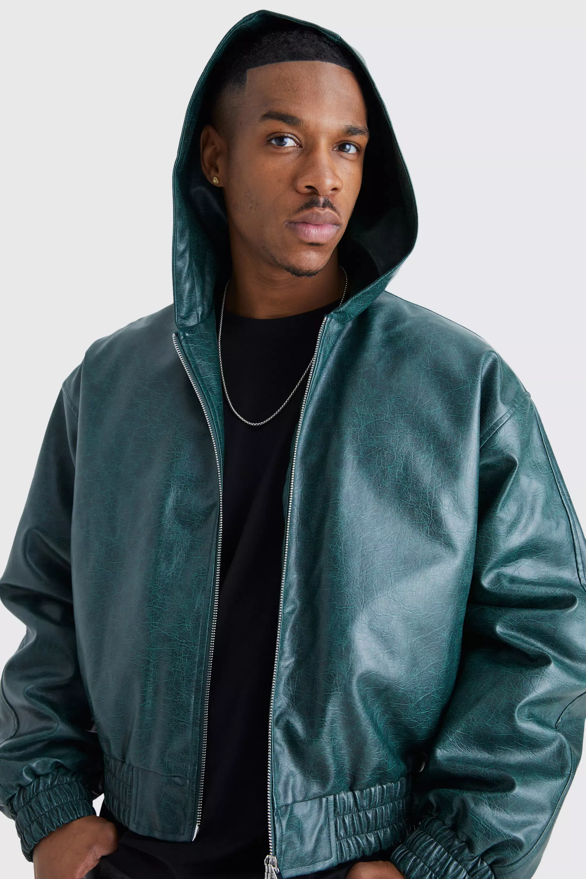 Boxy Cracked Pu Hooded Bomber | boohooMAN USA